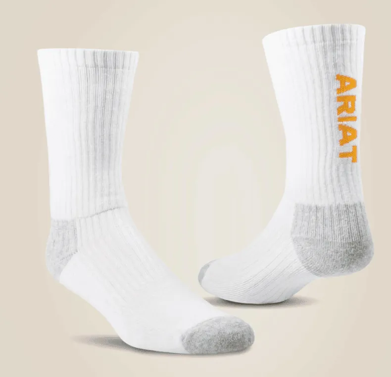 Ariat High Performance White Premium Ringspun Cotton Crew Work Socks 3 Pair Pack 10036518