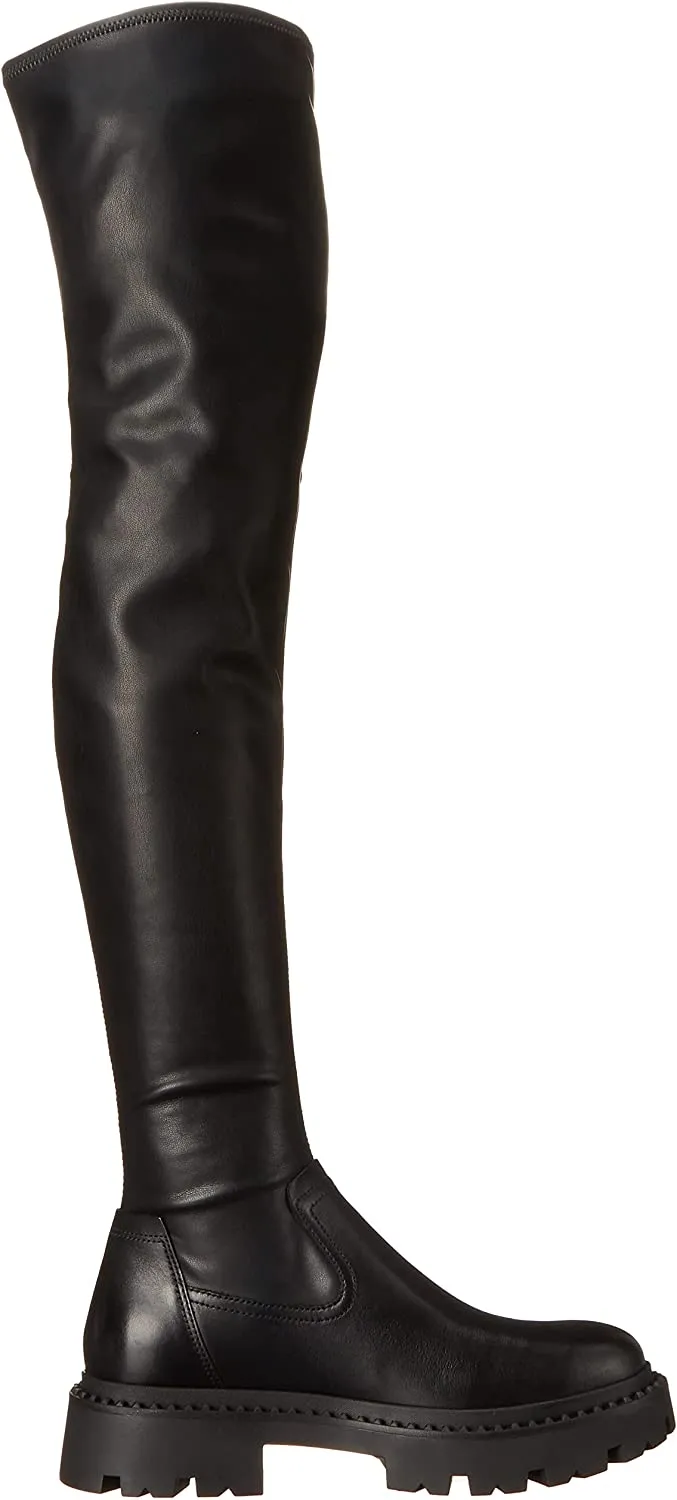 Ash Gill Black Pull On Stretch Fitted Nappa Over The-Knee Lug Sole Boots