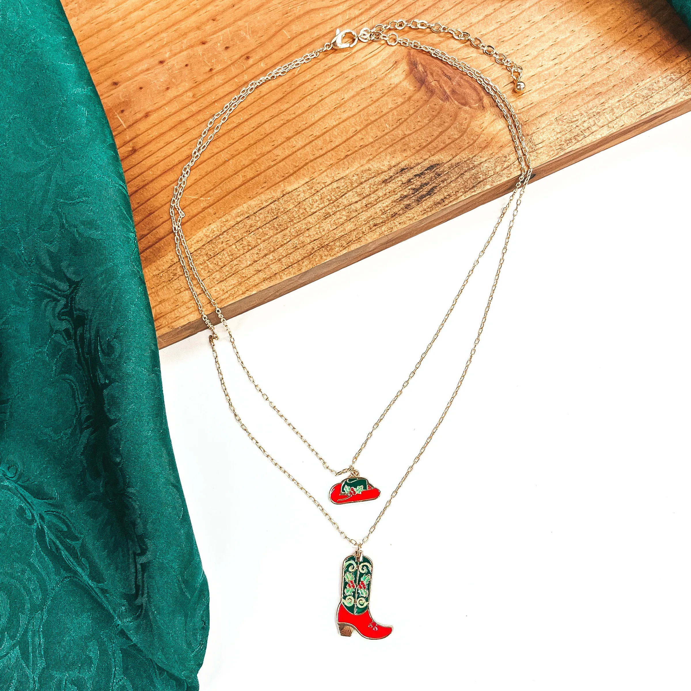 Away For The Winter Double Strand Gold Tone Necklace with Hat and Boot Mistletoe Print Pendant in Red and Green