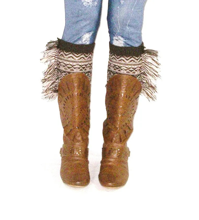 Aztec Boho Boot Cuffs With Fringe Brown And Tan Southwestern Cowgirl Leg Warmers