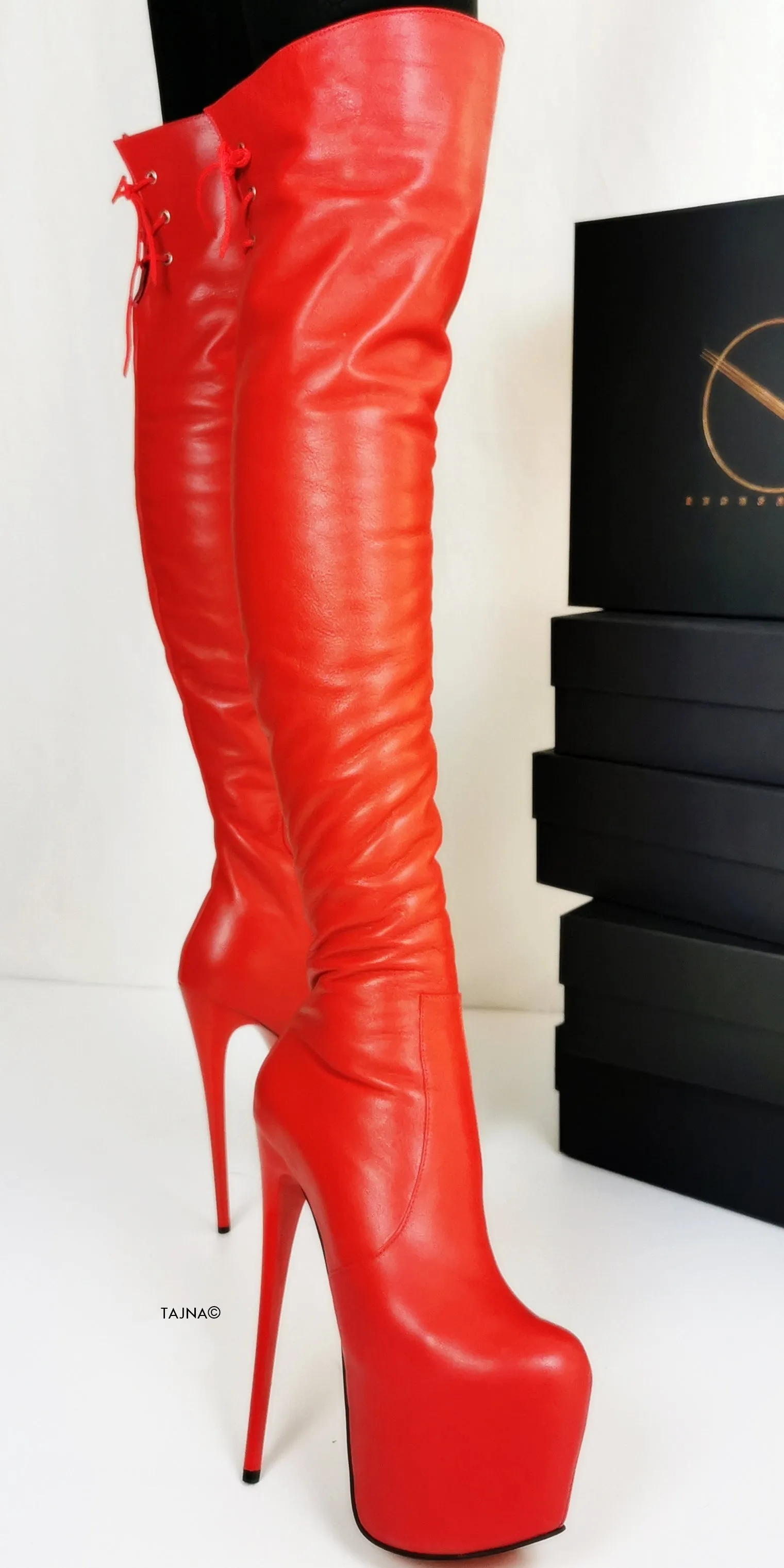 Back Lace Red Genuine Leather Thigh High Boots