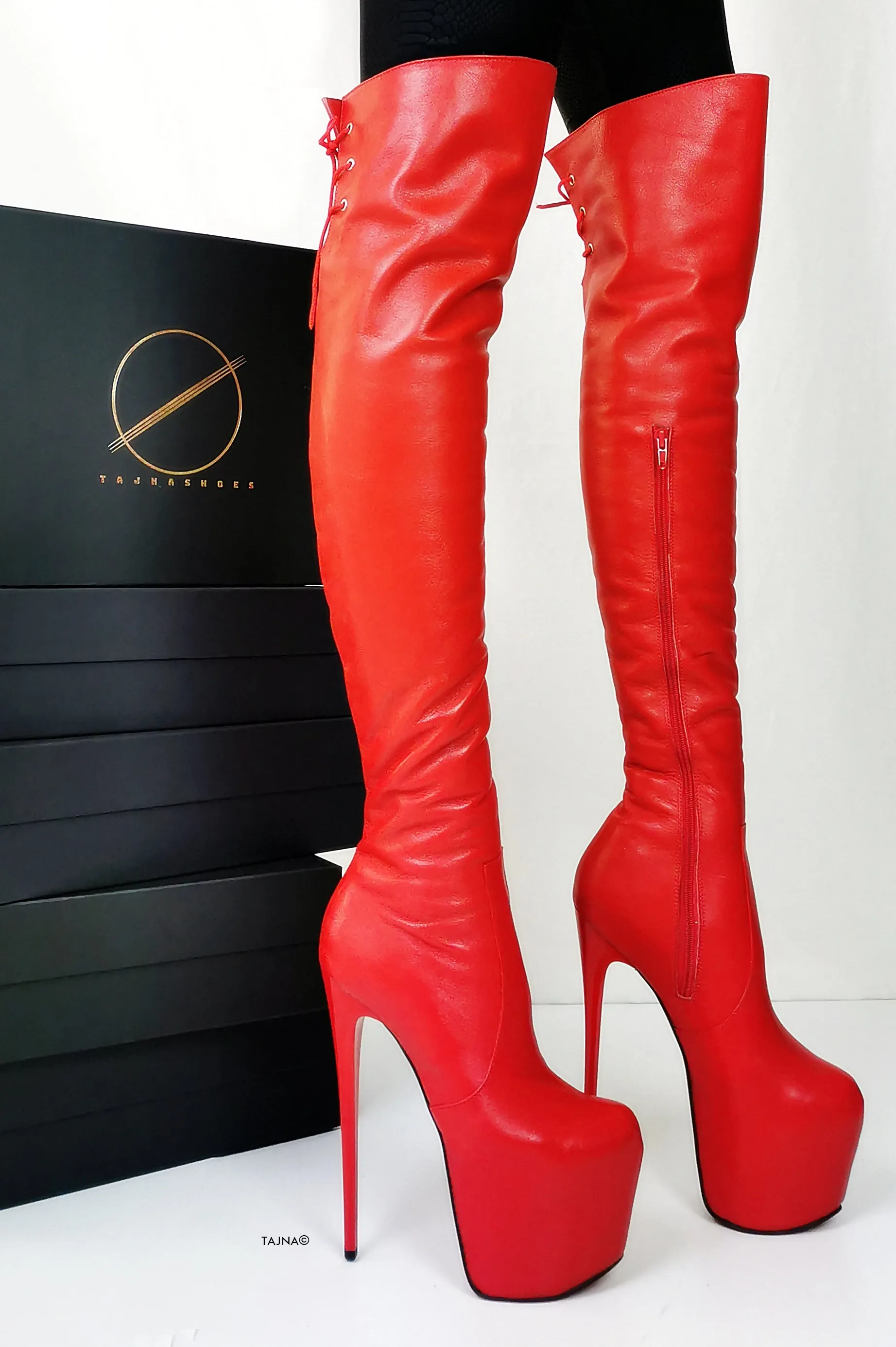 Back Lace Red Genuine Leather Thigh High Boots