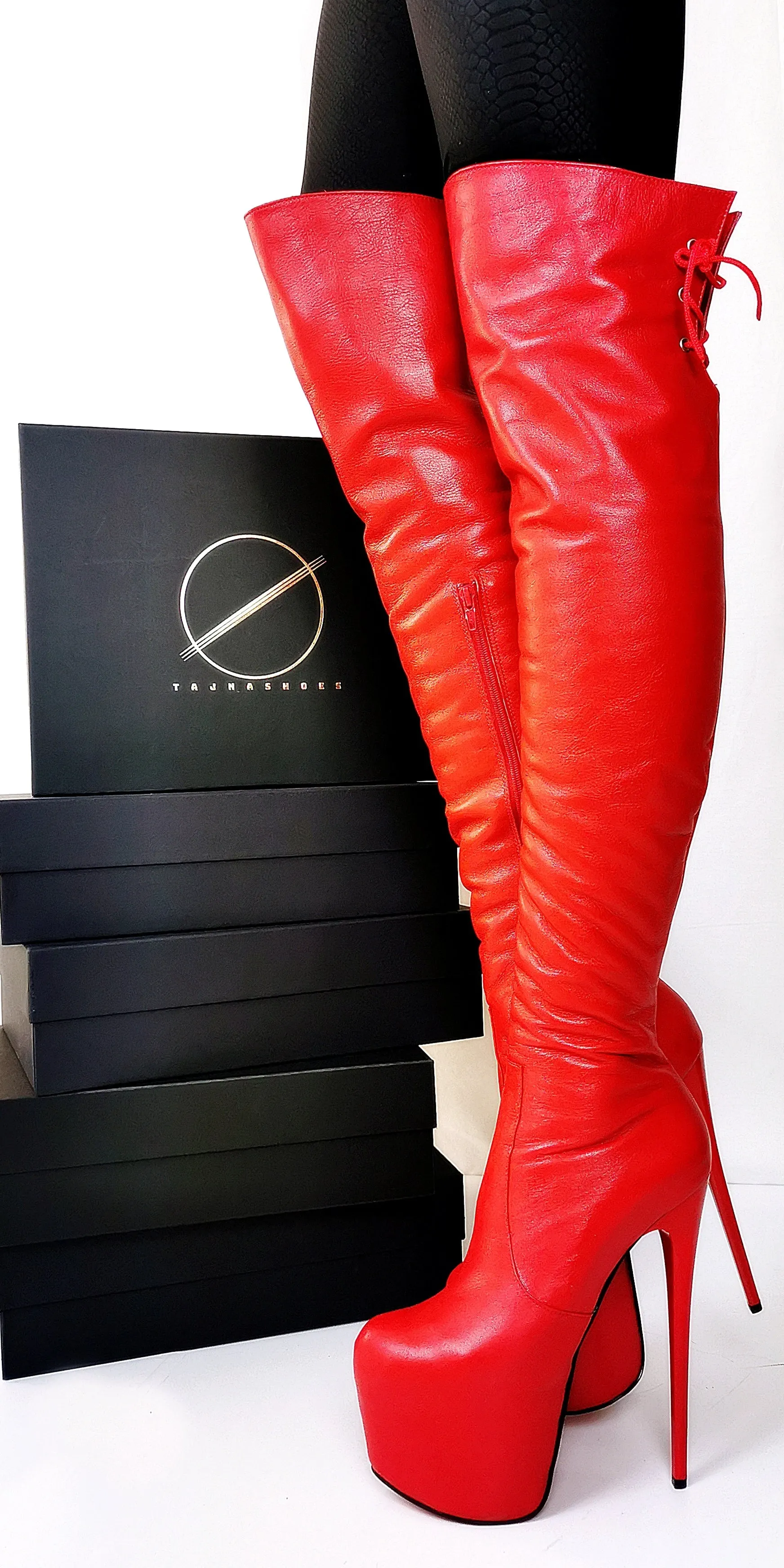 Back Lace Red Genuine Leather Thigh High Boots