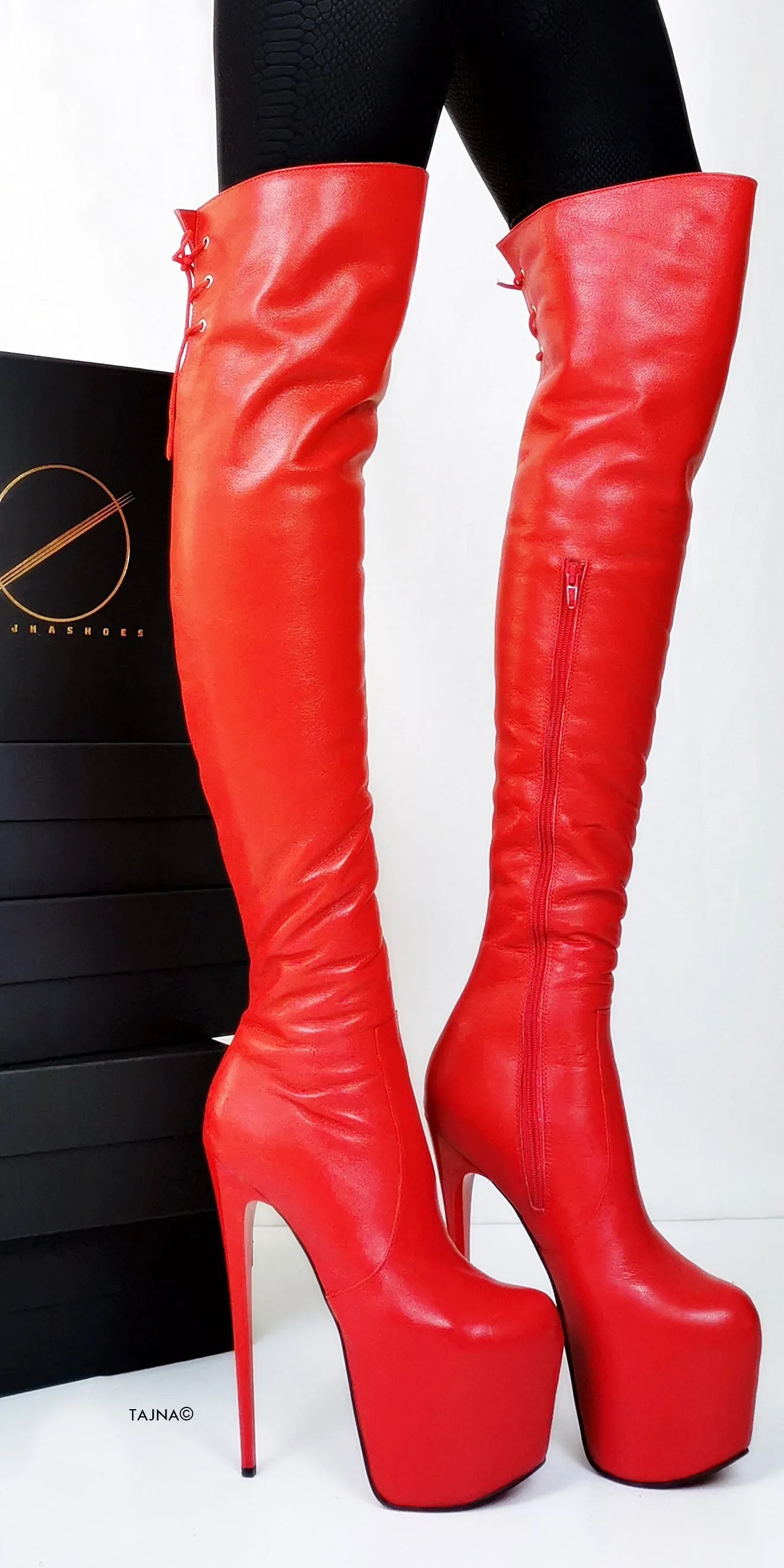 Back Lace Red Genuine Leather Thigh High Boots