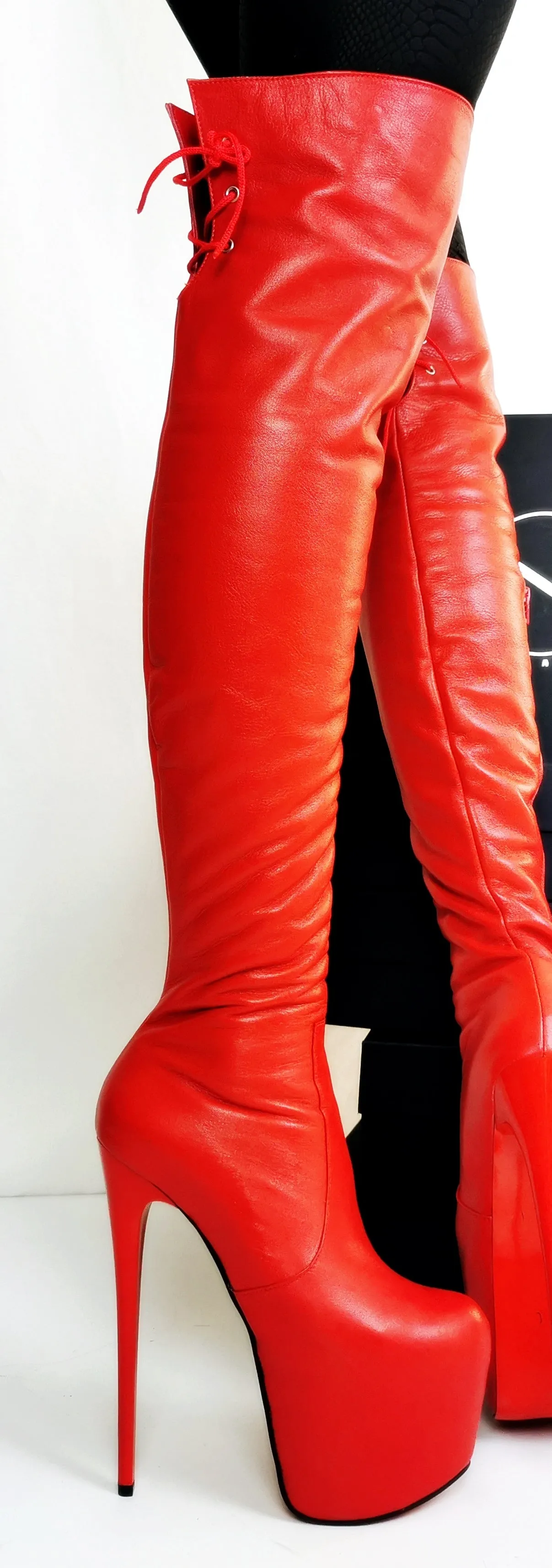 Back Lace Red Genuine Leather Thigh High Boots