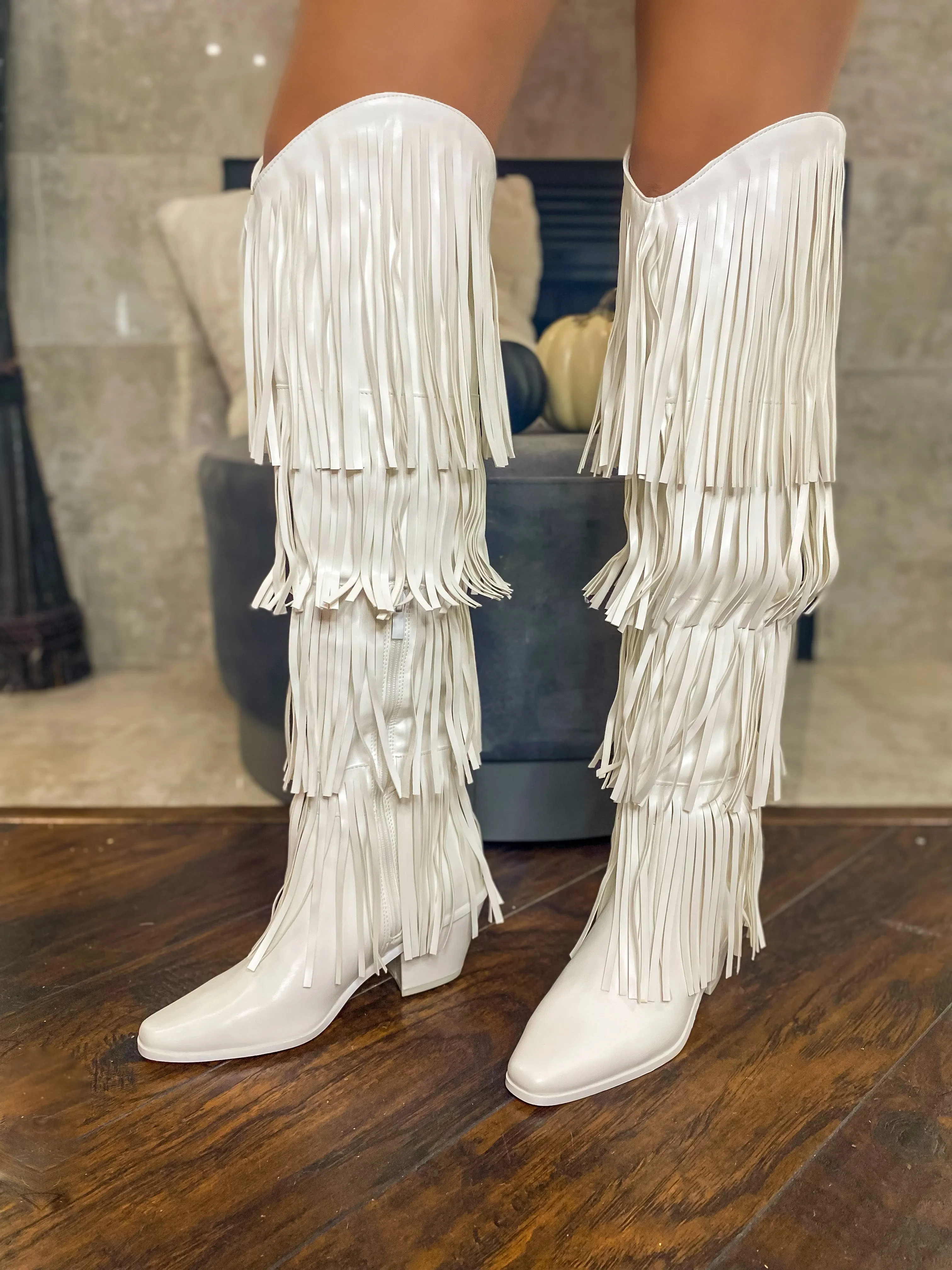 Beau Fringe Over The Knee Boots - White