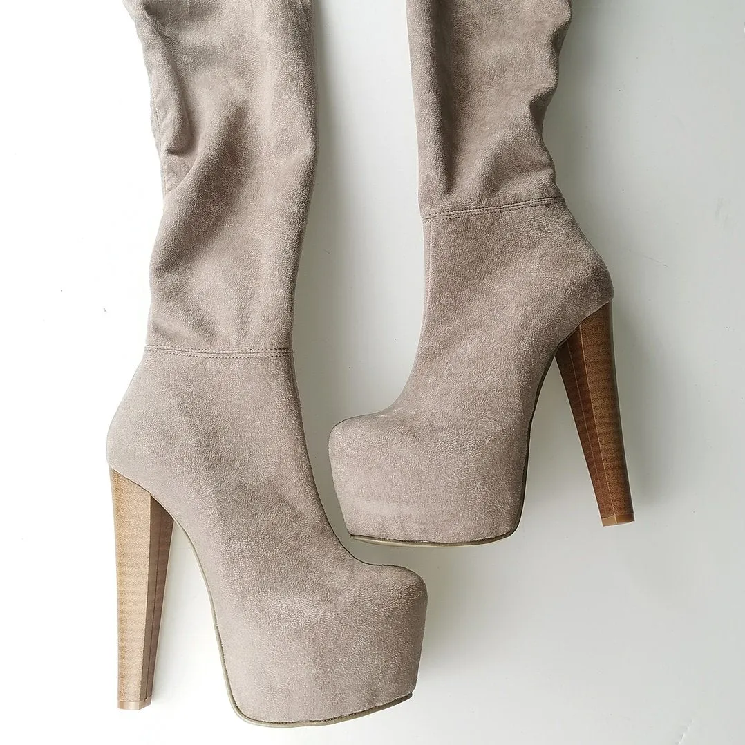 Beige Strech Thigh High Platform Boots