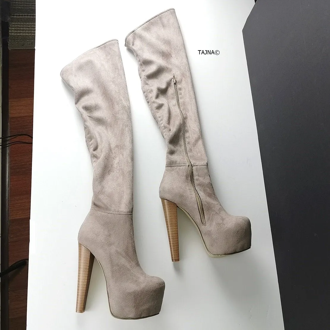 Beige Strech Thigh High Platform Boots