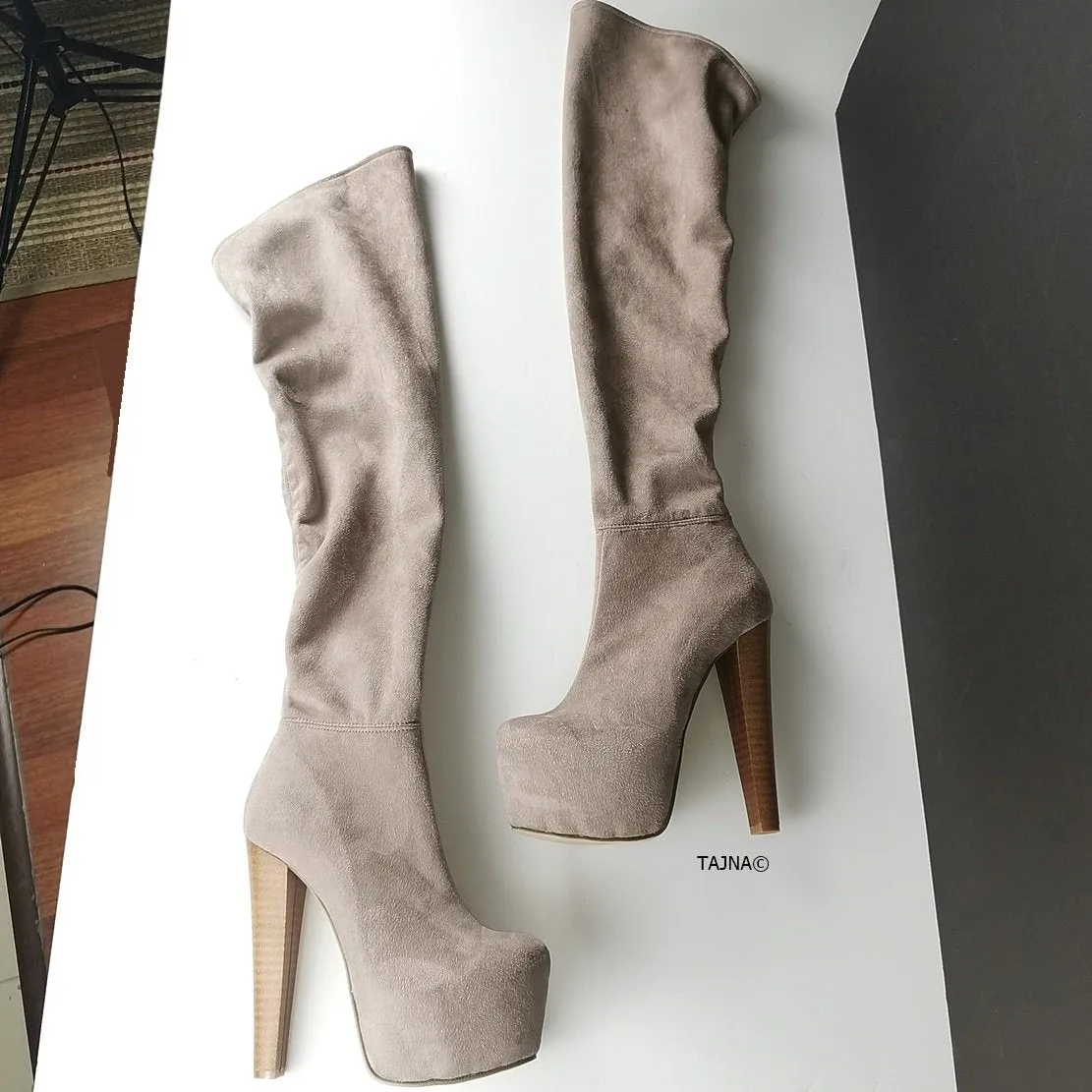 Beige Strech Thigh High Platform Boots