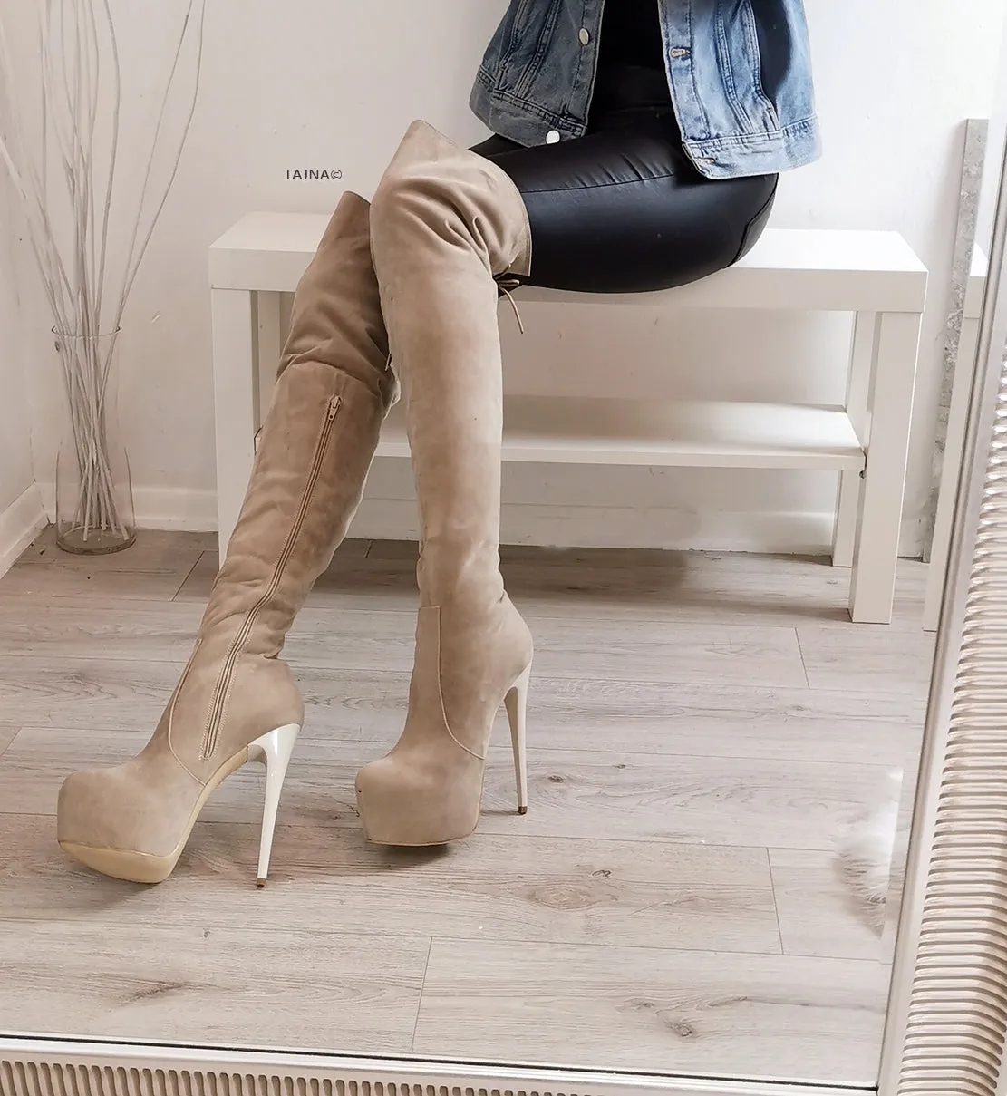 Beige Suede High Heel Over the Knee Boots