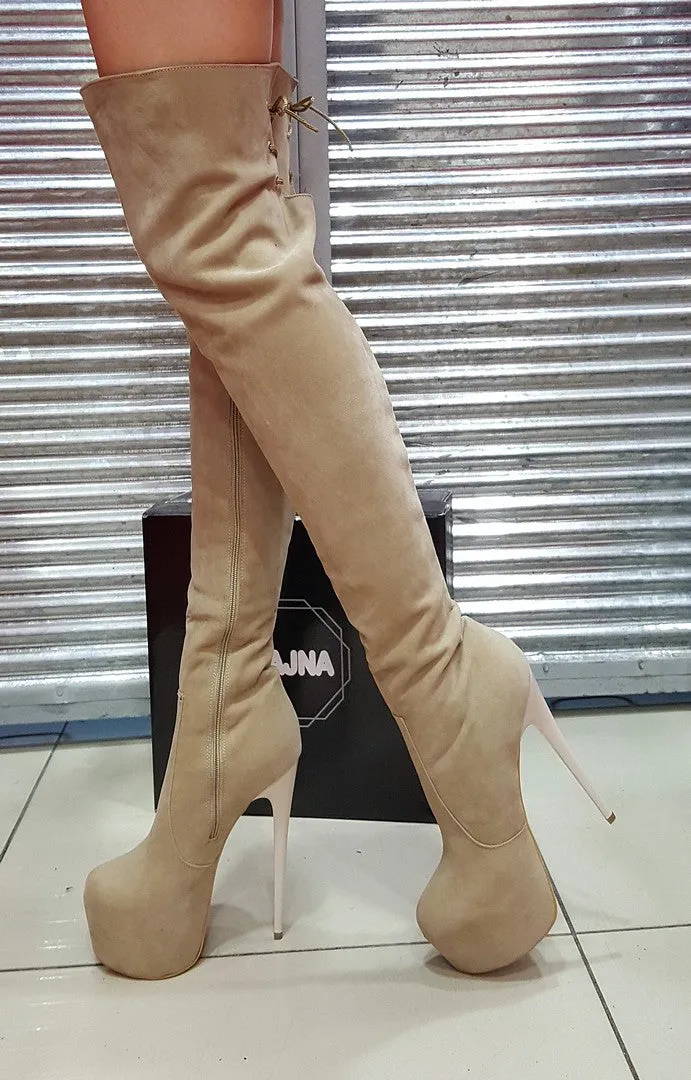 Beige Suede Over Knee Platform Boots