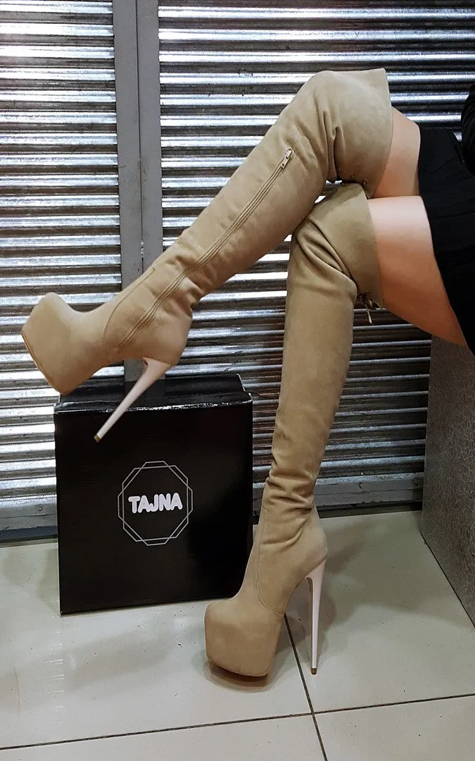 Beige Suede Over Knee Platform Boots