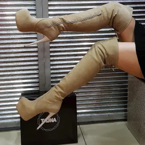 Beige Suede Over Knee Platform Boots