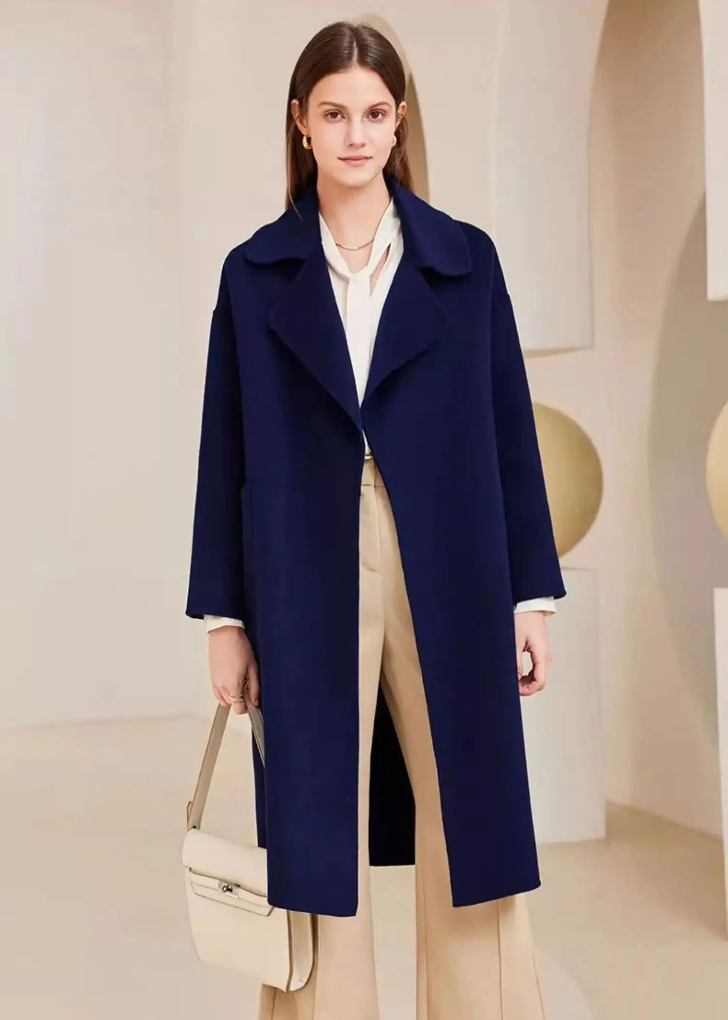 Belted Thigh Length Wool Coat