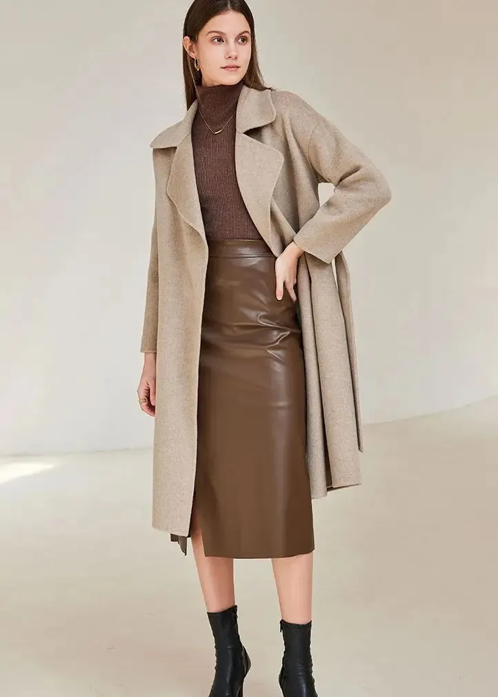 Belted Thigh Length Wool Coat