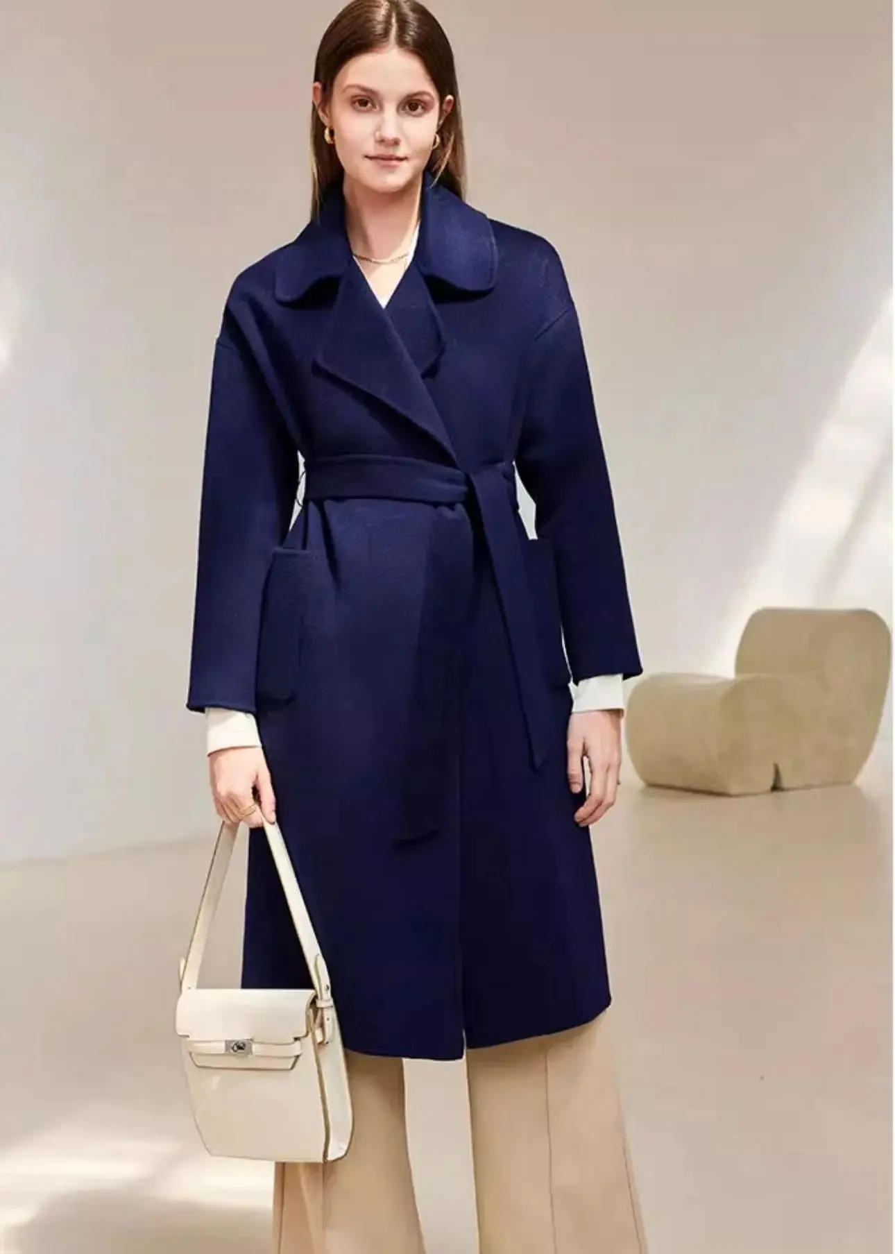 Belted Thigh Length Wool Coat