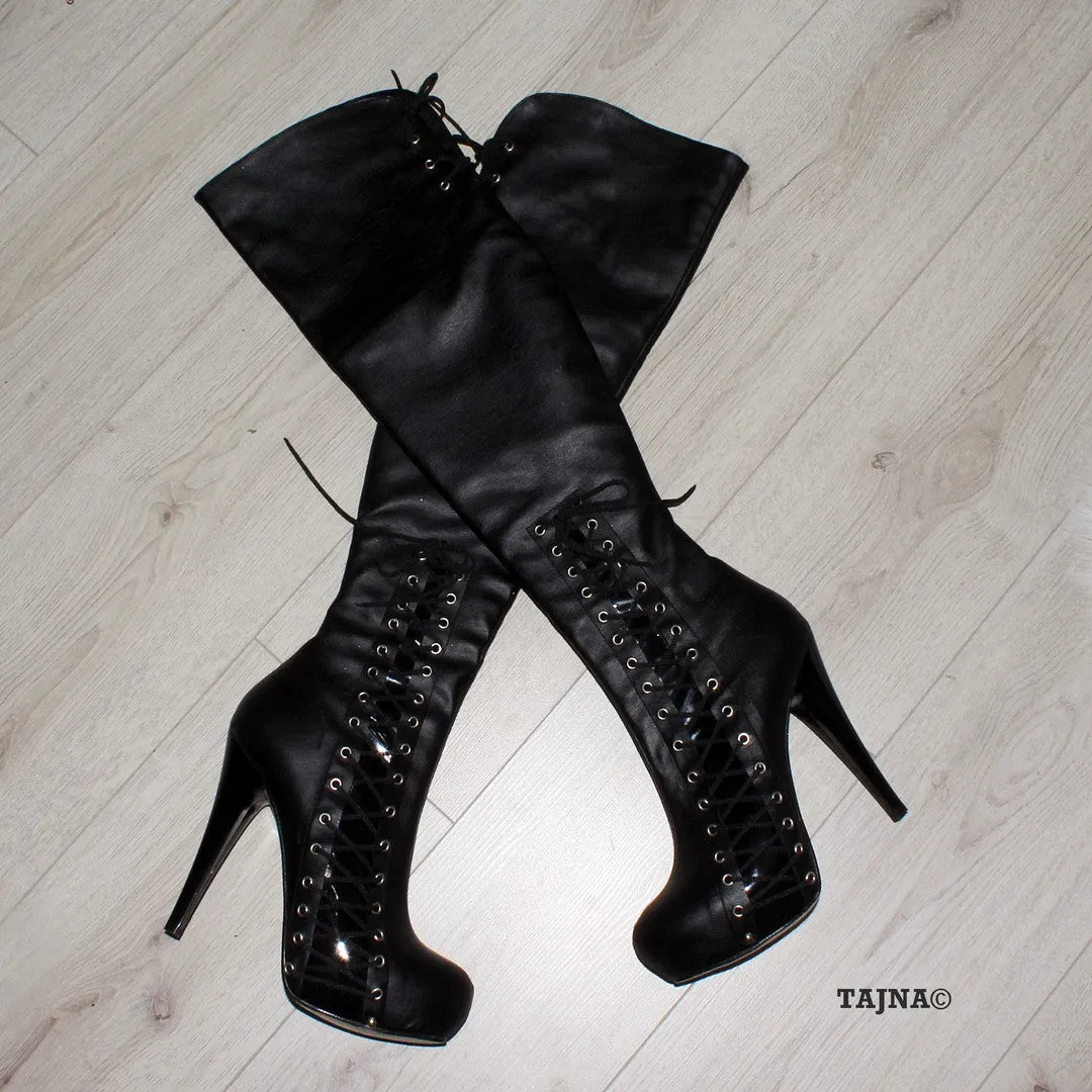 Sleek Black High Heel Platform Knee-High Corset Boots