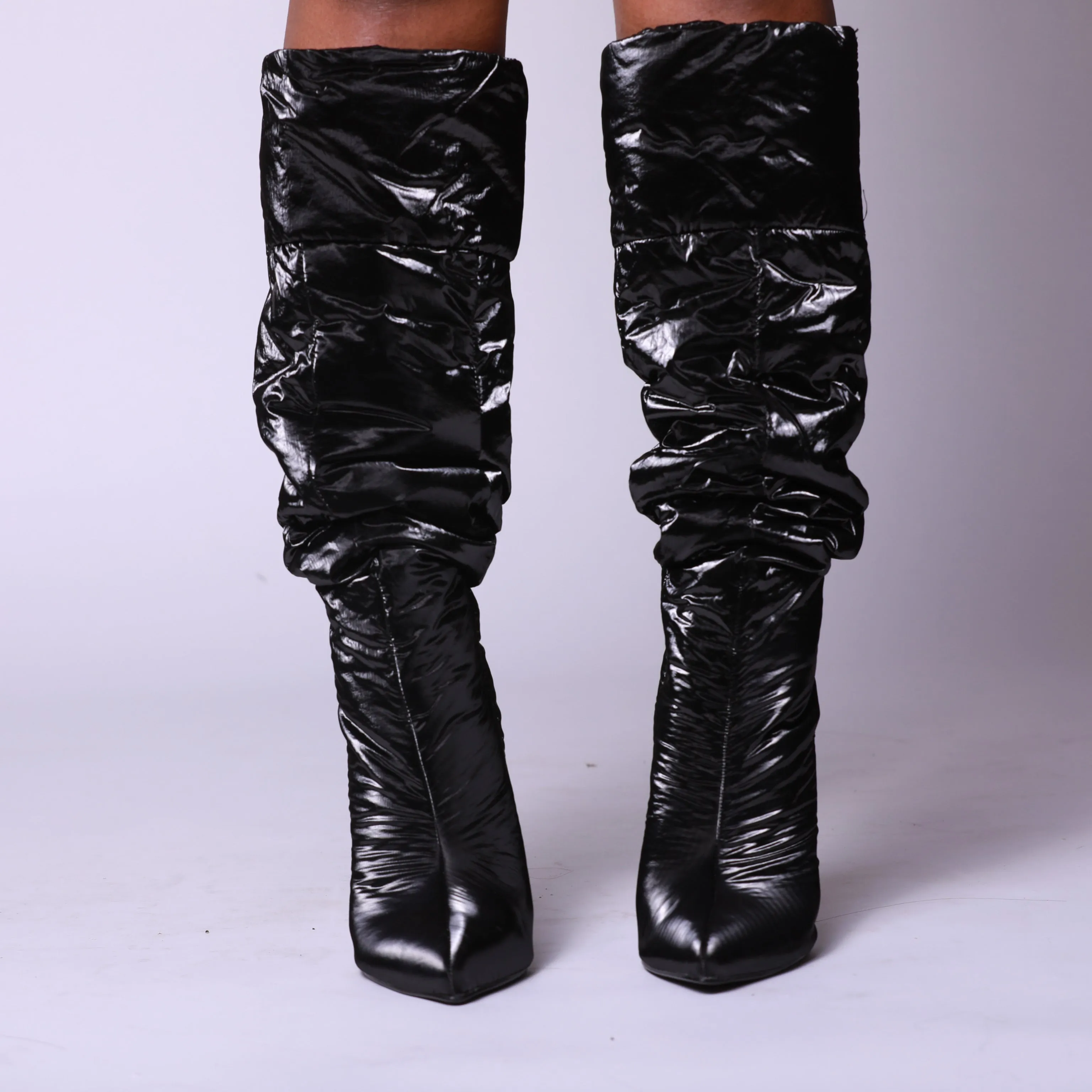 Black High Shine Nylon Ruched Knee High Long Boot