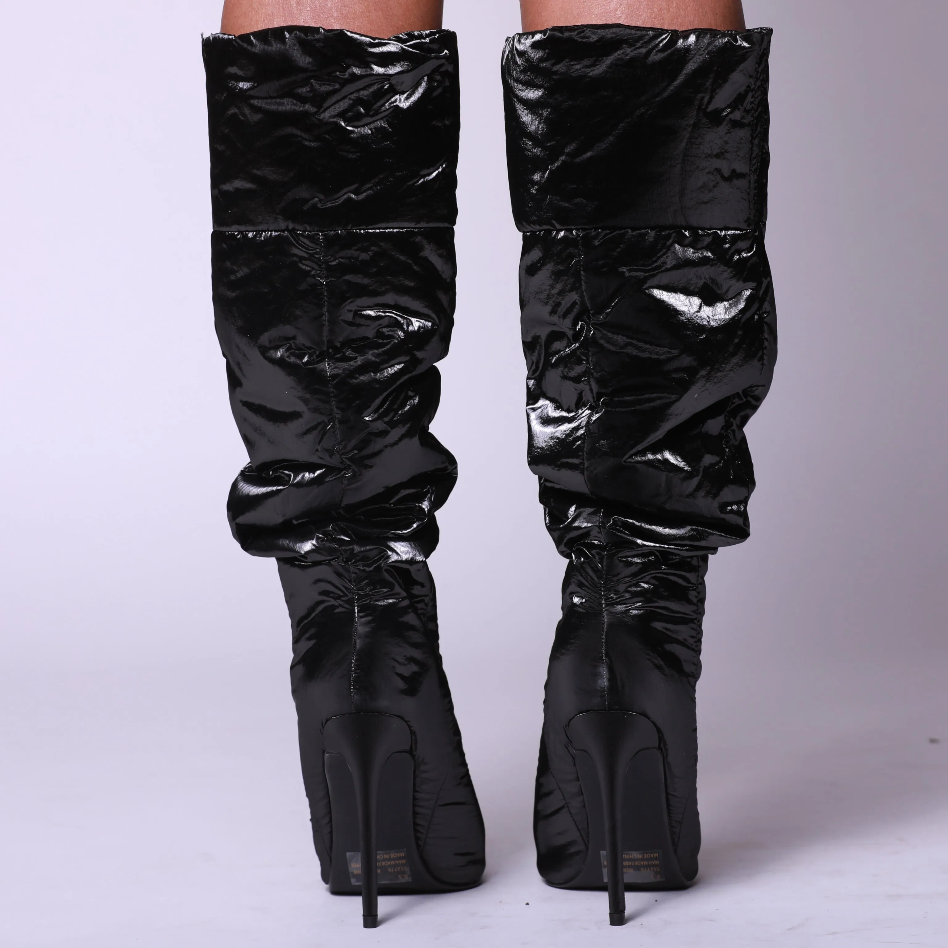 Black High Shine Nylon Ruched Knee High Long Boot