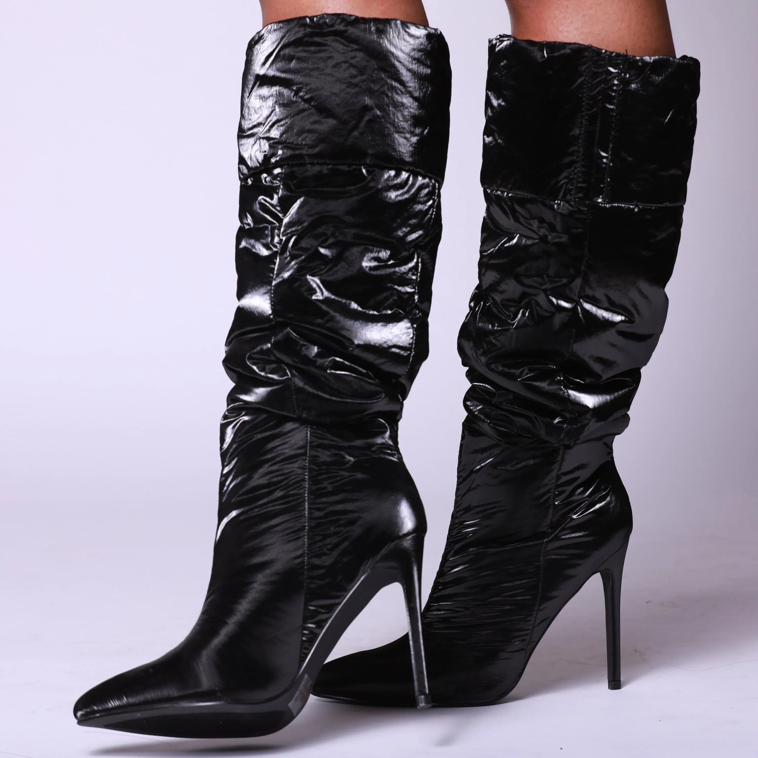 Black High Shine Nylon Ruched Knee High Long Boot