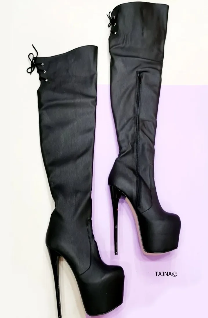 Black Matte Knee High Platform Boots