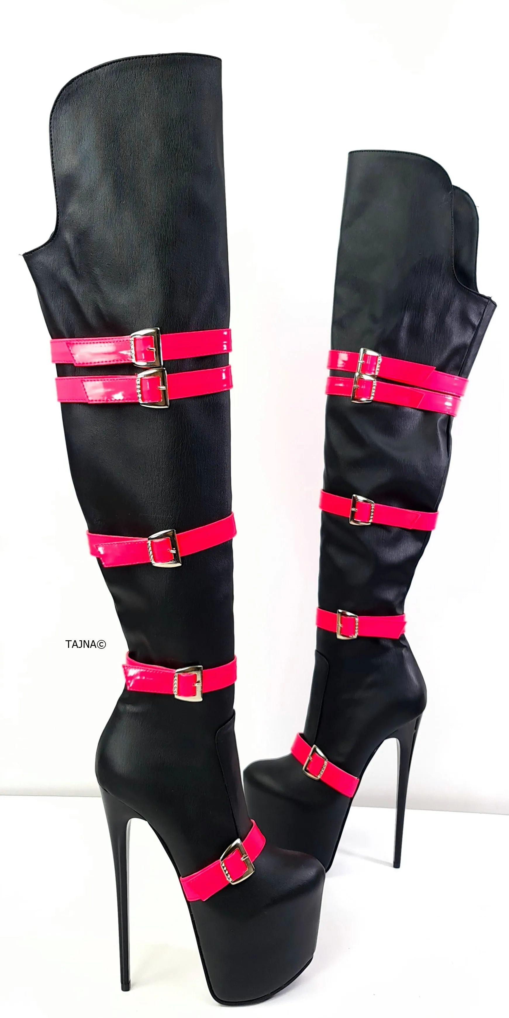 Black Neon Pink Belted High Heel Thigh Boots