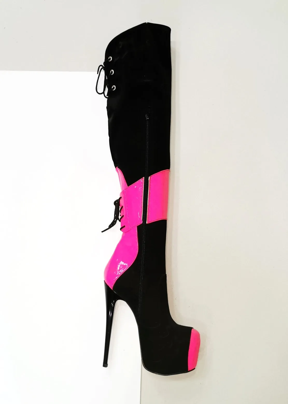 Black Neon Pink Knee High Boots