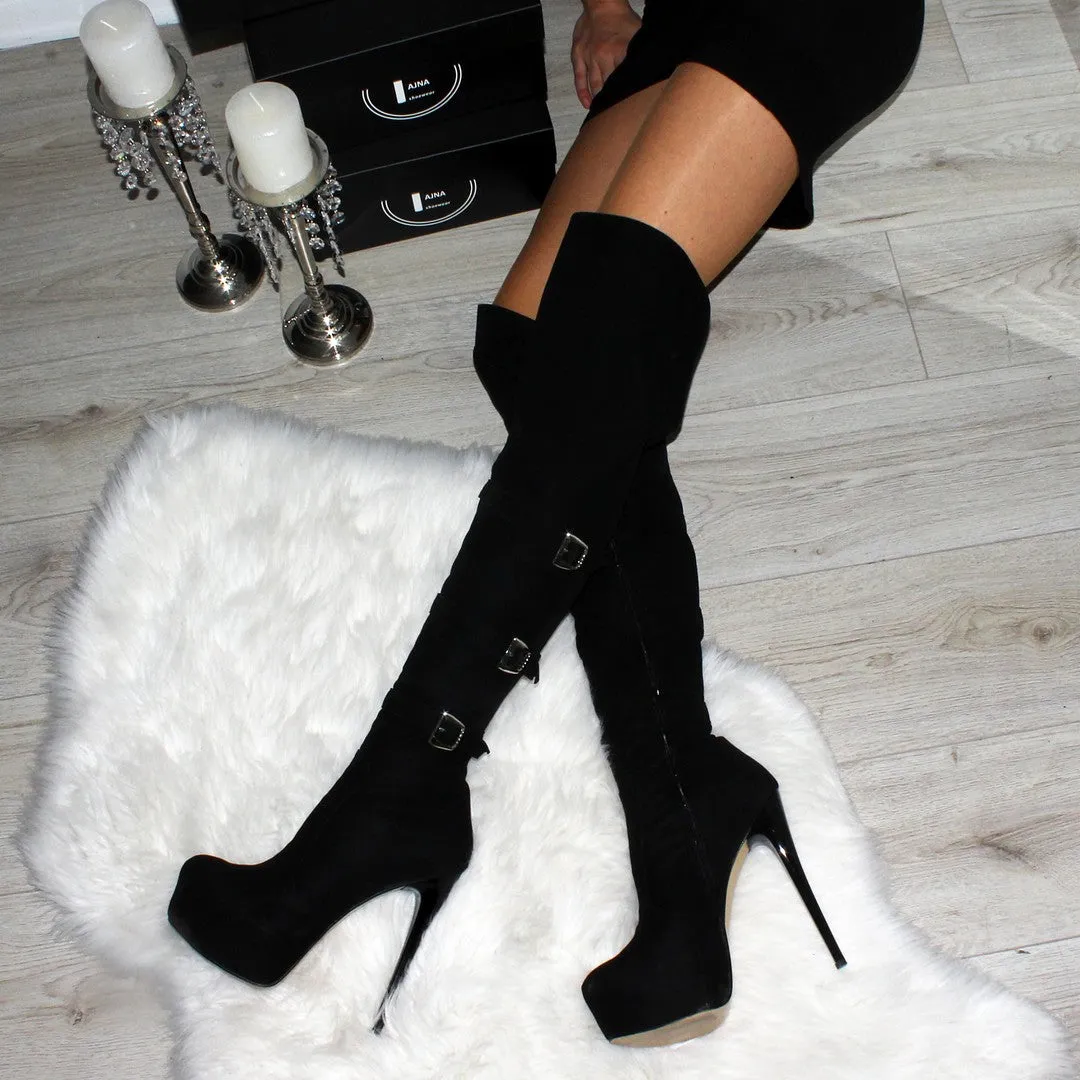 Black Suede Belted High Heel Platform Knee High Boots