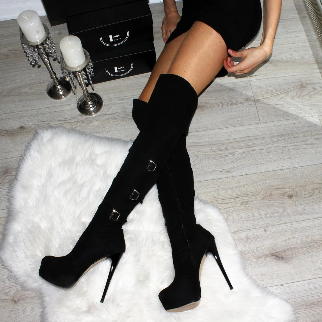 Black Suede Belted High Heel Platform Knee High Boots