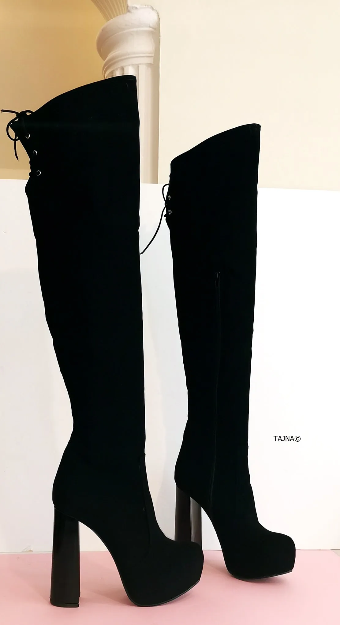 Black Suede Knee High 13 cm Chunky Heel Boots