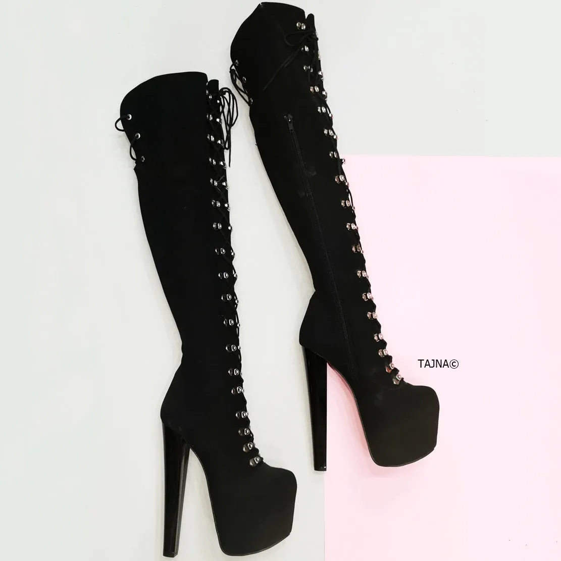 Black Suede Military Style Chunky Heel Boots