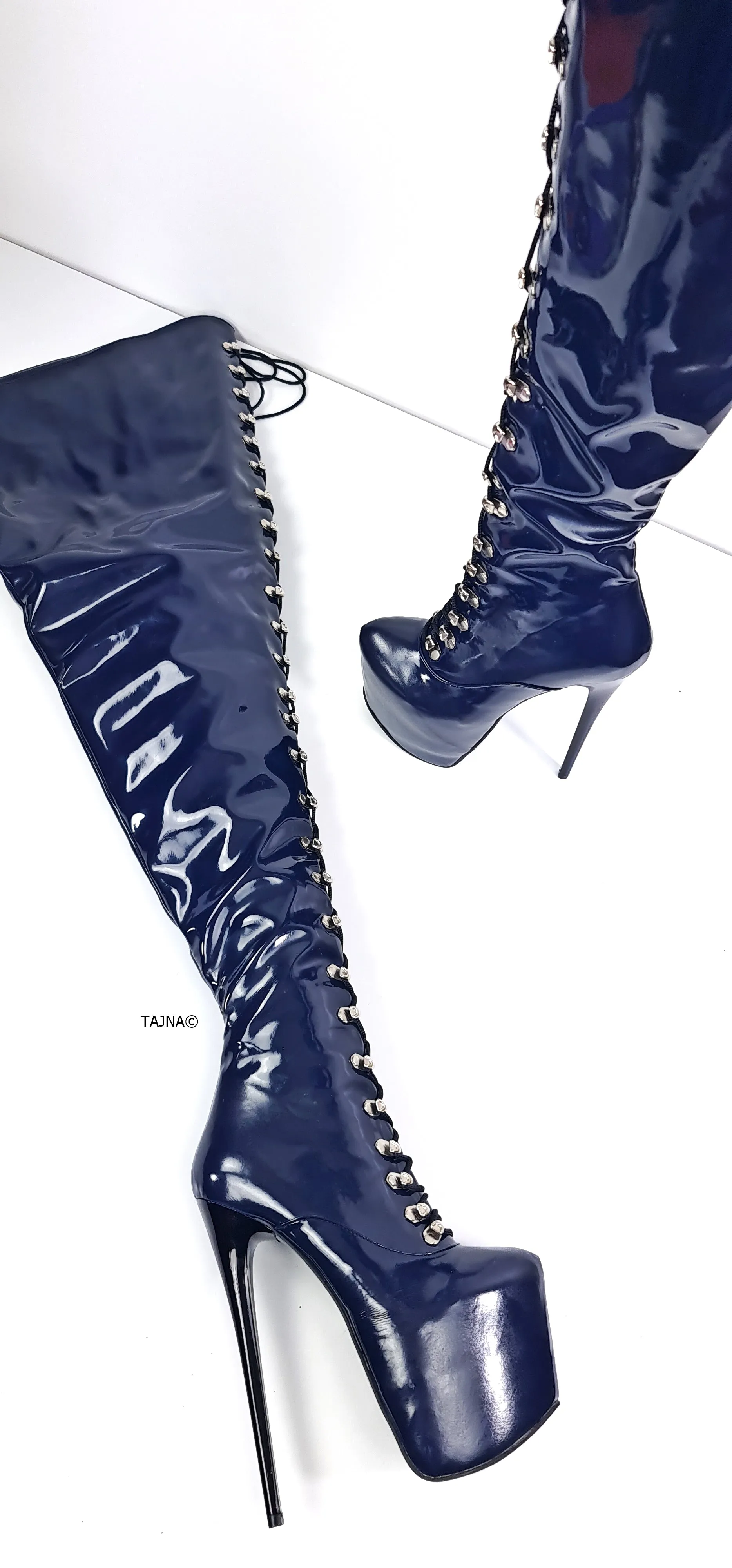 Blue Gloss 80 cms Long Thigh High Military Boots