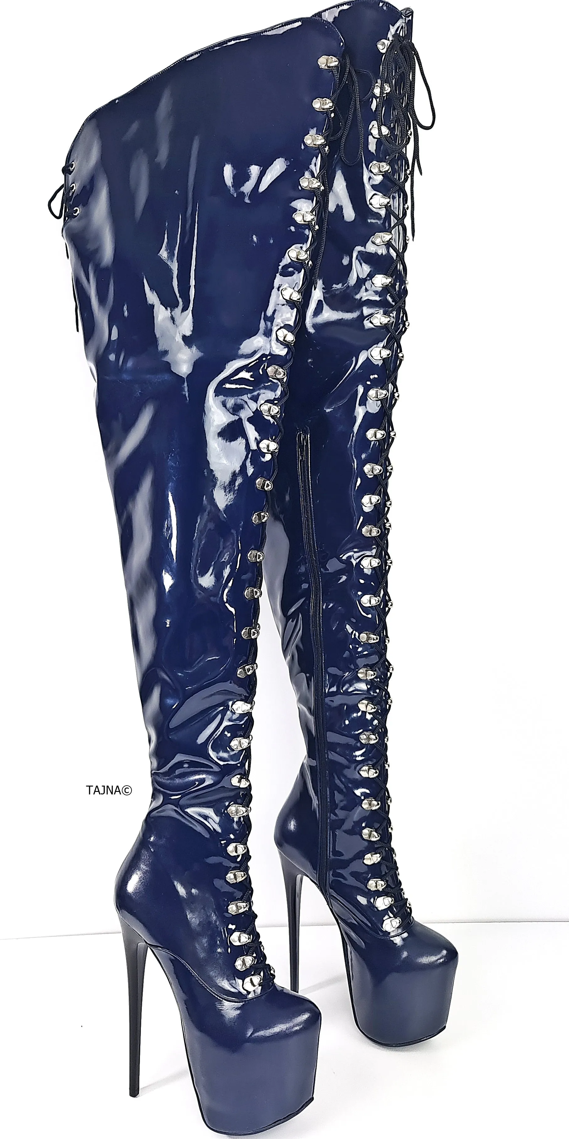 Blue Gloss 80 cms Long Thigh High Military Boots