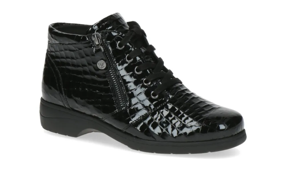 Caprice - Black Croc Lace Up Ankle Boot Black