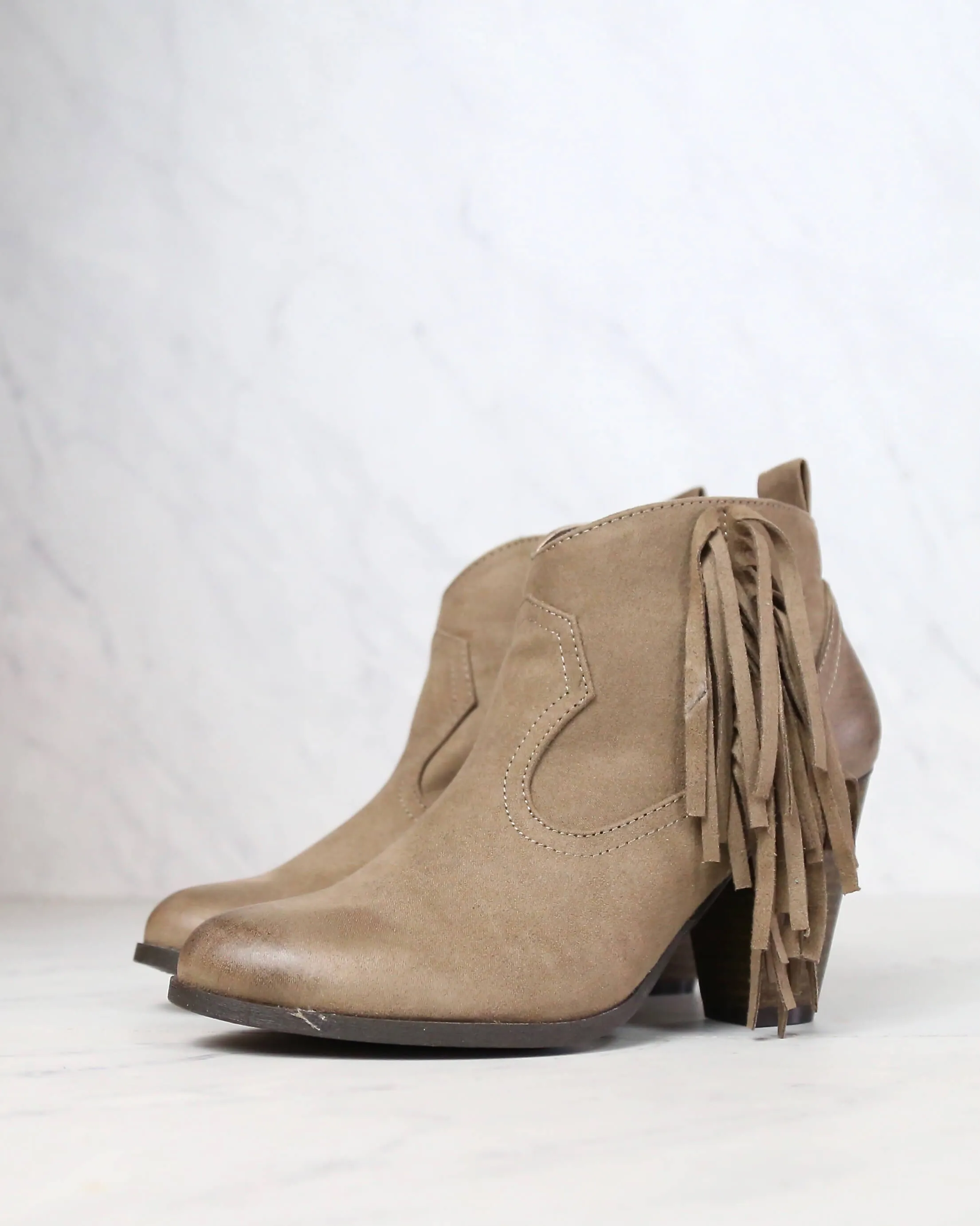 Cara Fringe Ankle Boots in Taupe