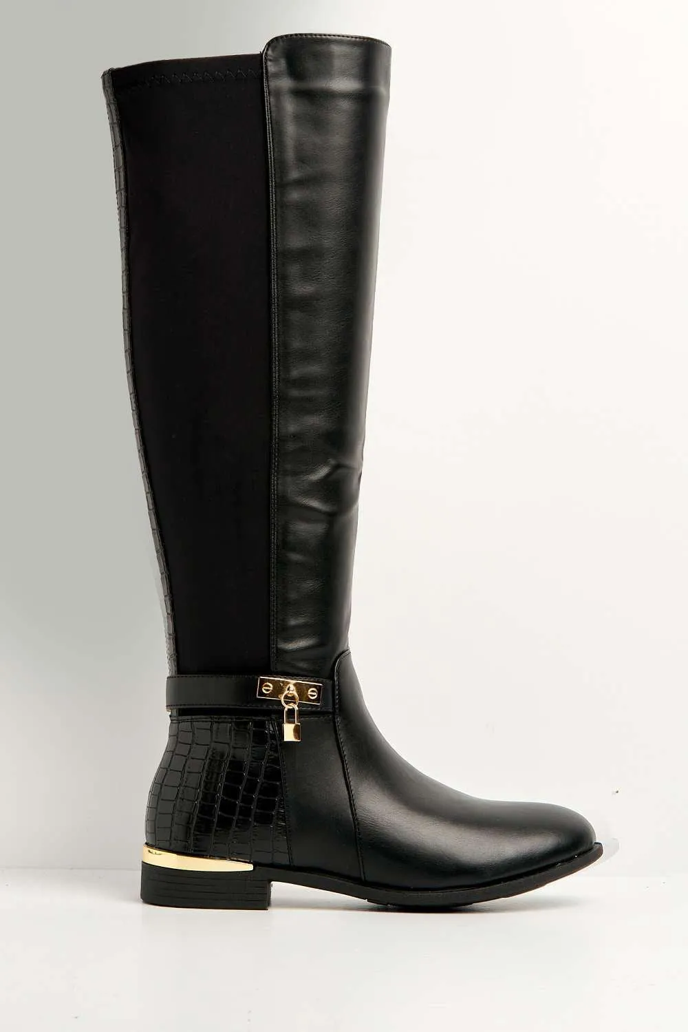 Daphine Knee High Lock Detail Boot in Black Matt