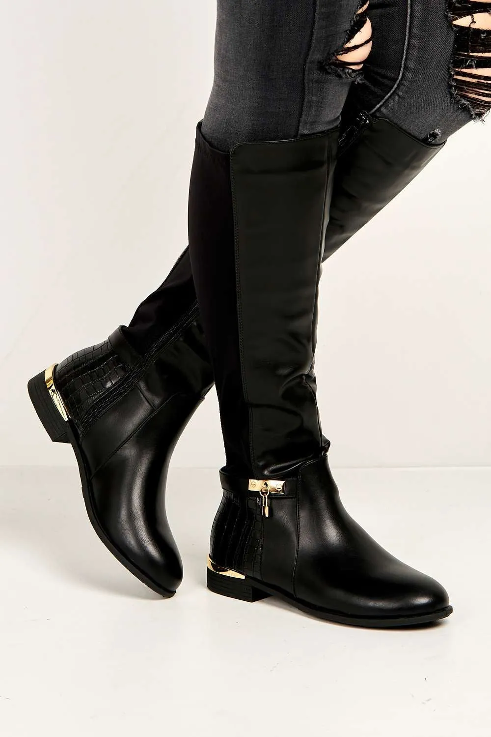 Daphine Knee High Lock Detail Boot in Black Matt