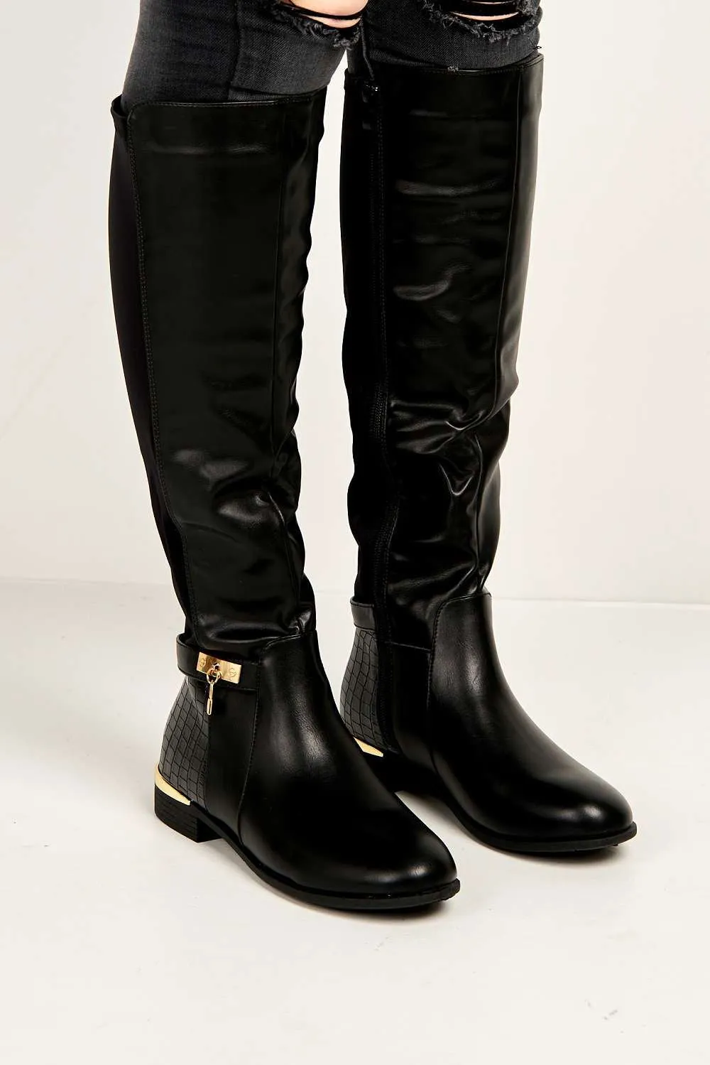 Daphine Knee High Lock Detail Boot in Black Matt