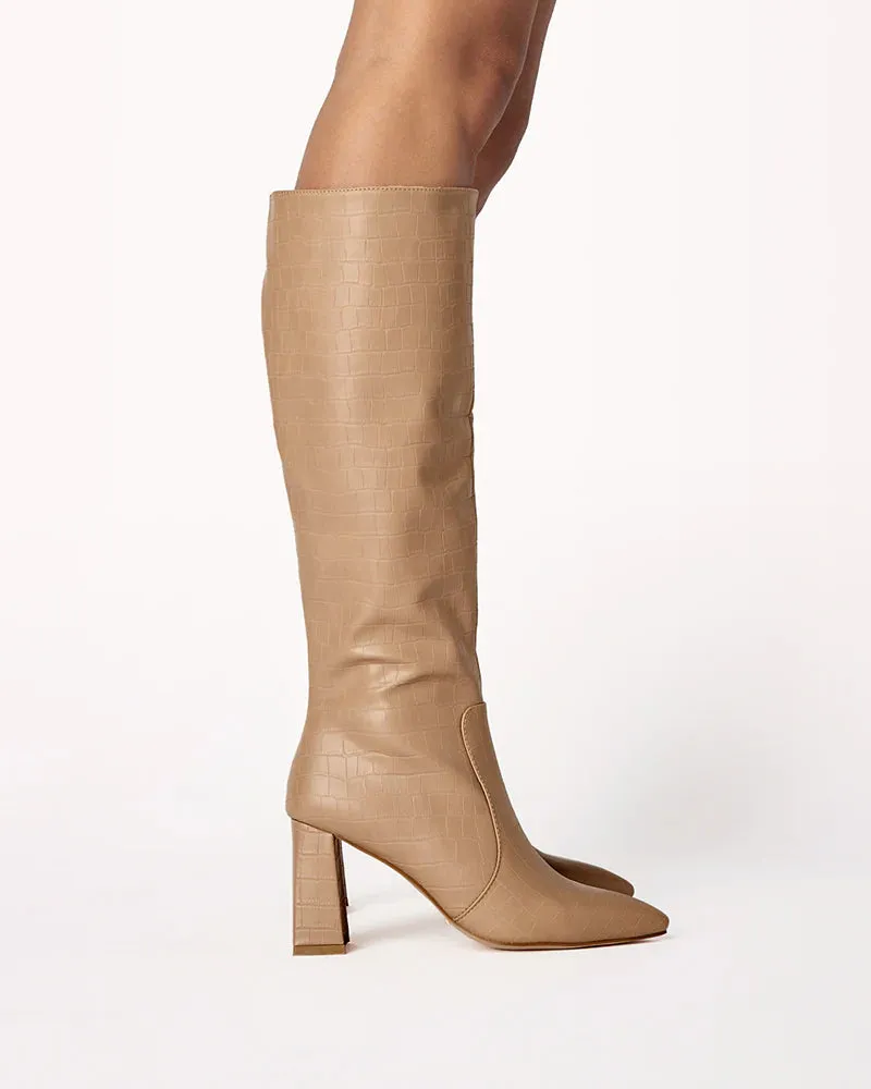 Elanor Knee High Croc Boots - Camel Croc