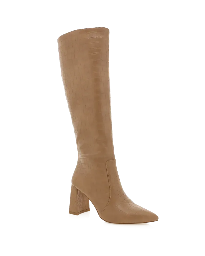 Elanor Knee High Croc Boots - Camel Croc