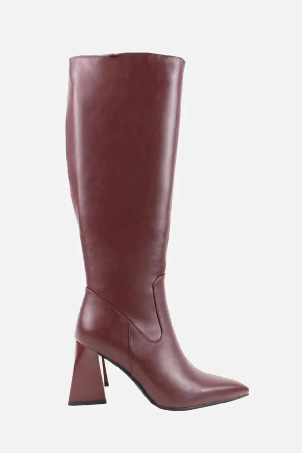 Erthel Pointed Toe Structured Block Heel Knee High Boots in Burgundy