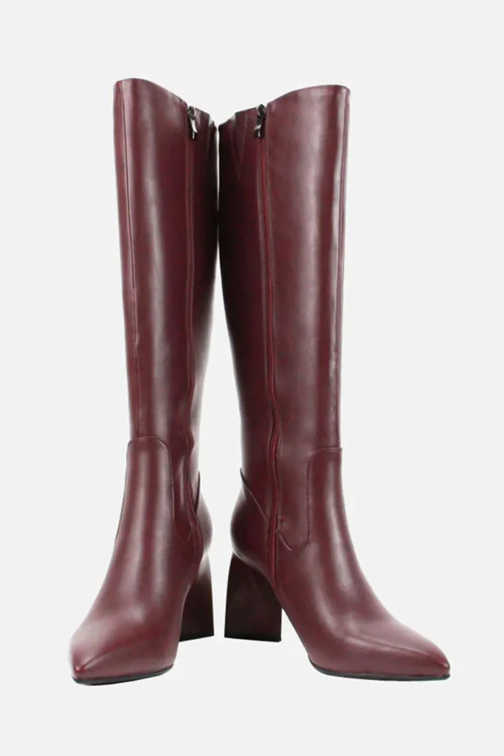 Erthel Pointed Toe Structured Block Heel Knee High Boots in Burgundy