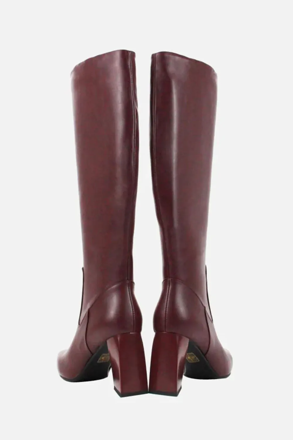 Erthel Pointed Toe Structured Block Heel Knee High Boots in Burgundy