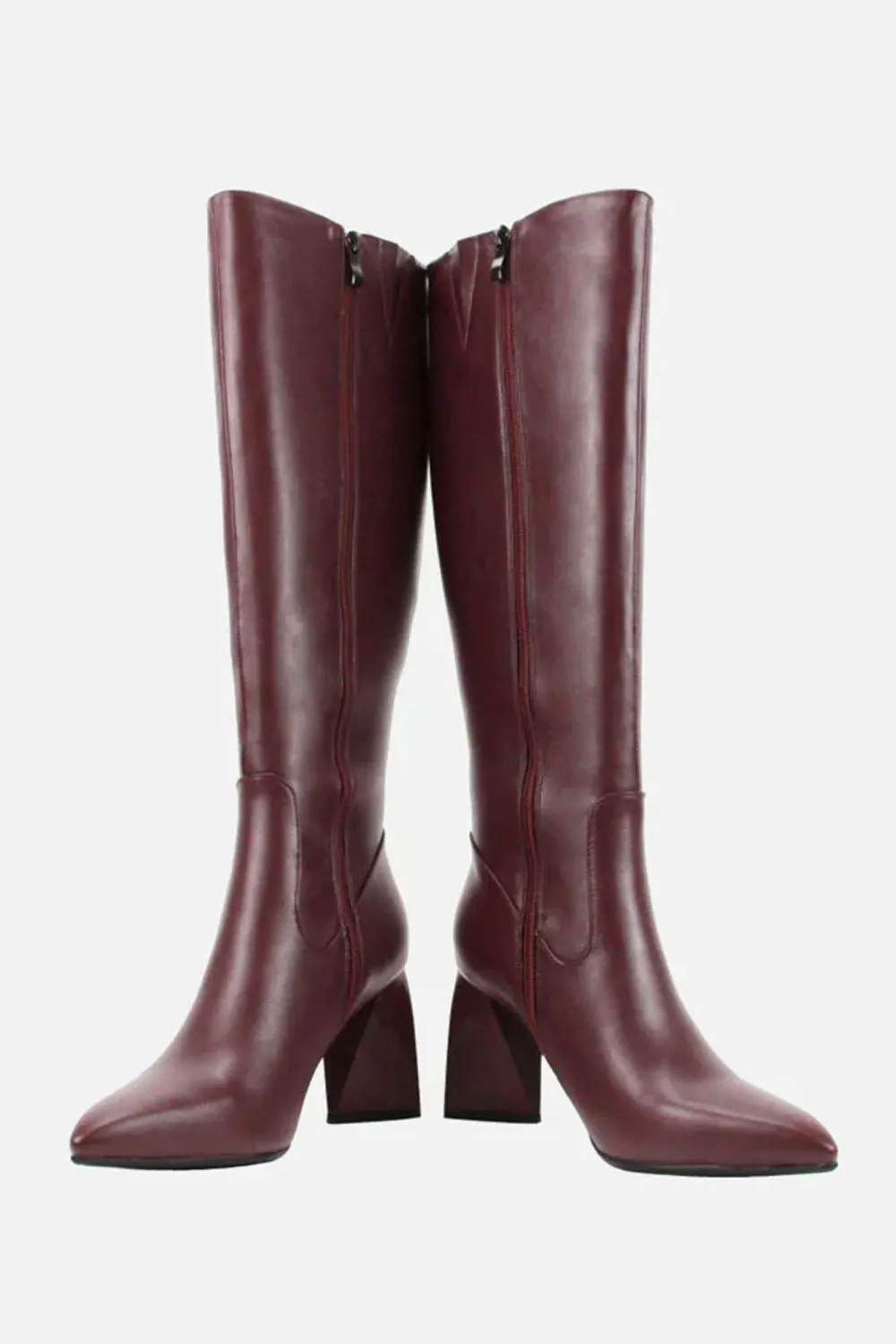 Erthel Pointed Toe Structured Block Heel Knee High Boots in Burgundy