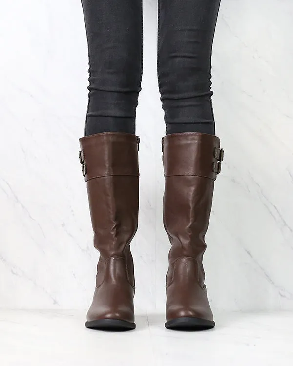 Faux Leather Knee High Riding Boots - Dark Brown