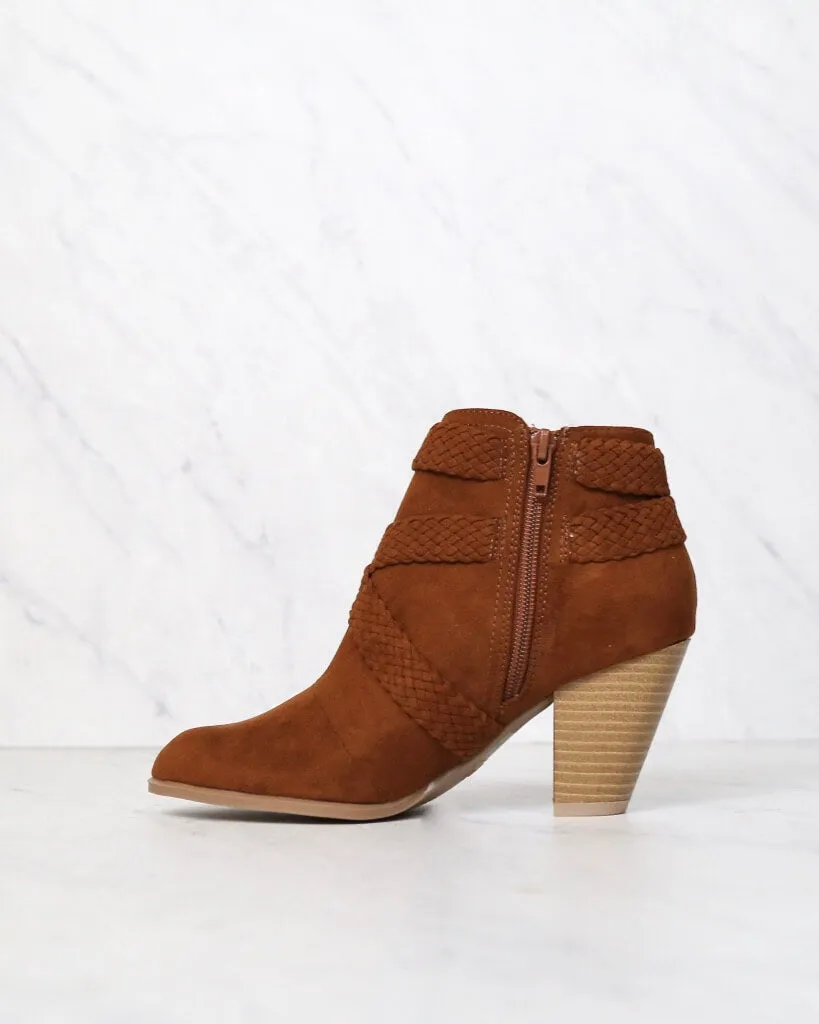 Final Sale - A Rare Braid Vegan Suede Booties - Dark Rust