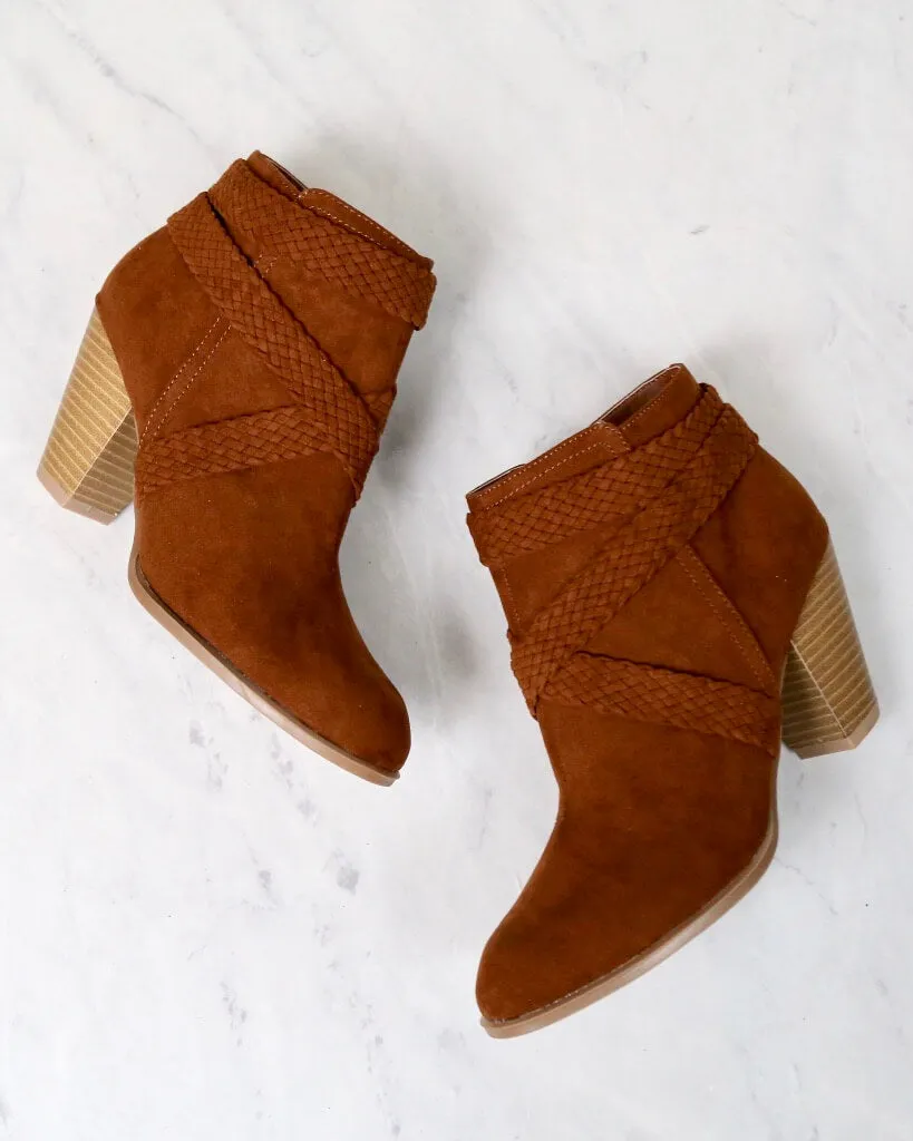 Final Sale - A Rare Braid Vegan Suede Booties - Dark Rust