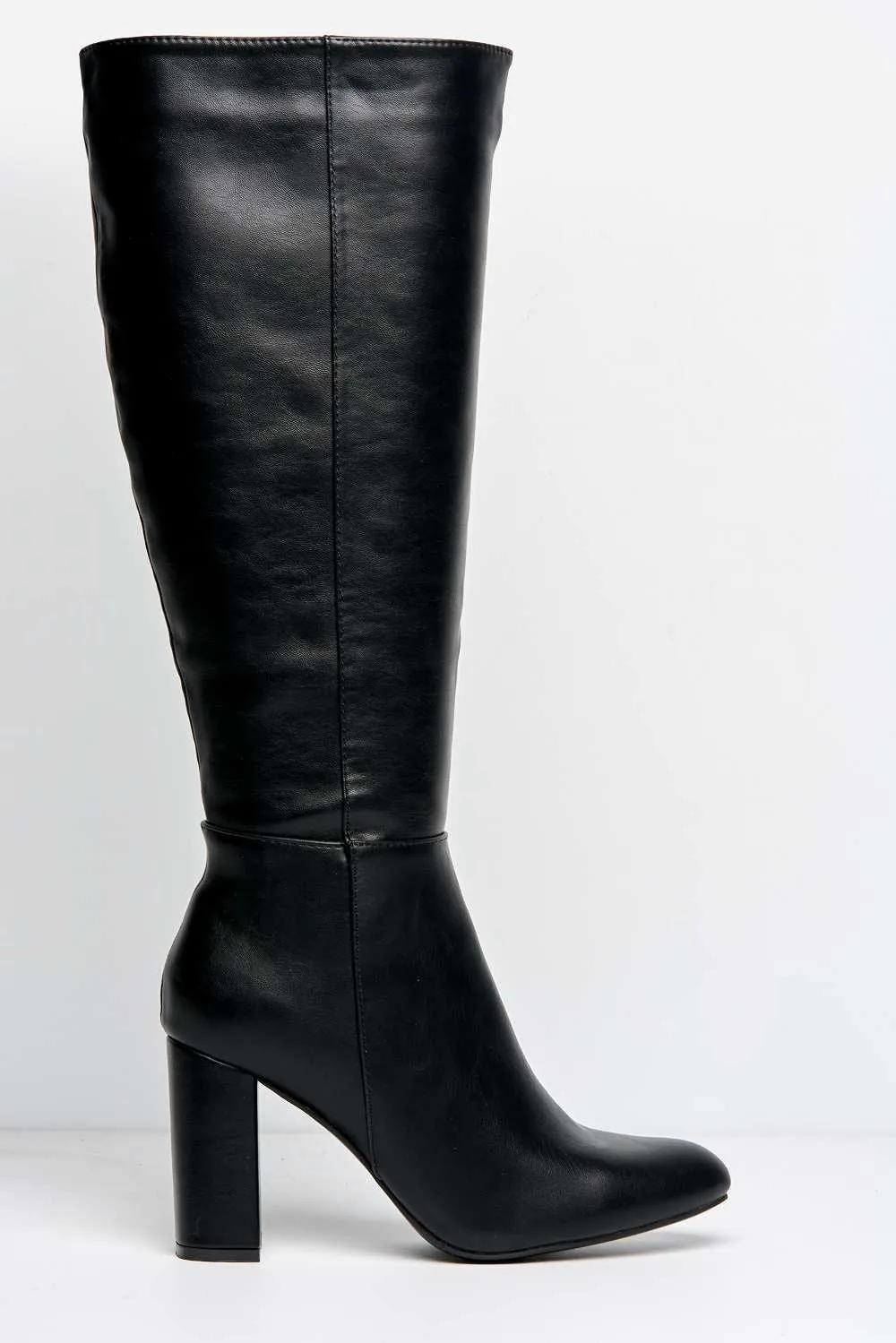 Geena Knee High Block Heel Wide Fit Boots in Black Matt