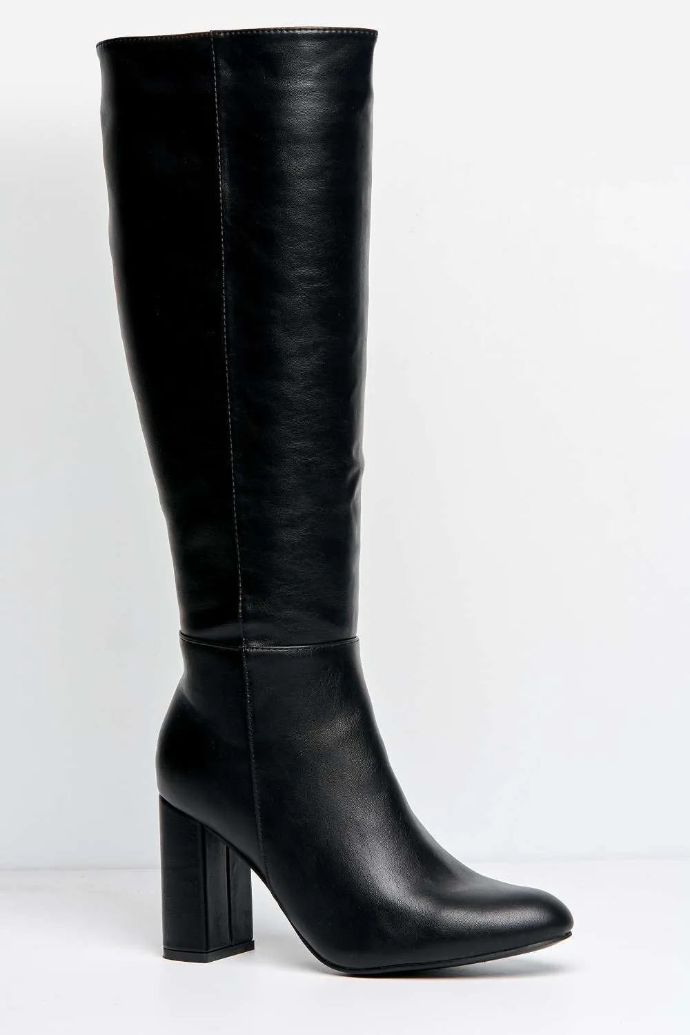 Geena Knee High Block Heel Wide Fit Boots in Black Matt