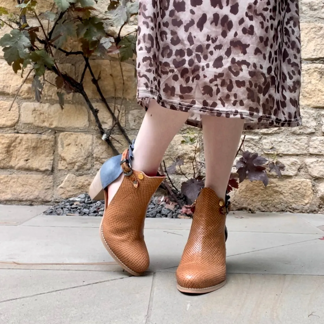 Indigo- Tan and denim ankle boot